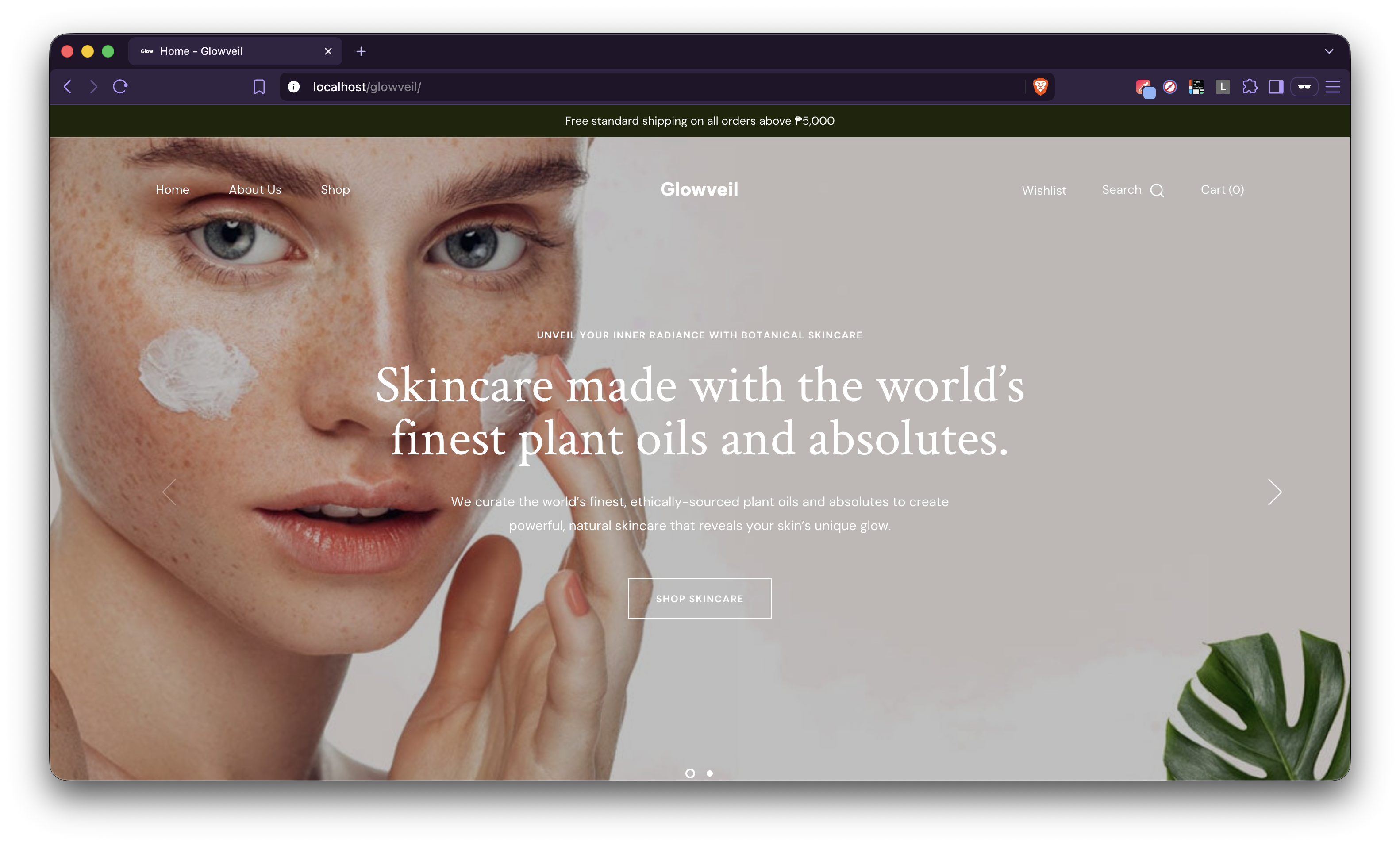 The Glowveil skincare store home page, with a close-up portrait and a Shop Skincare button